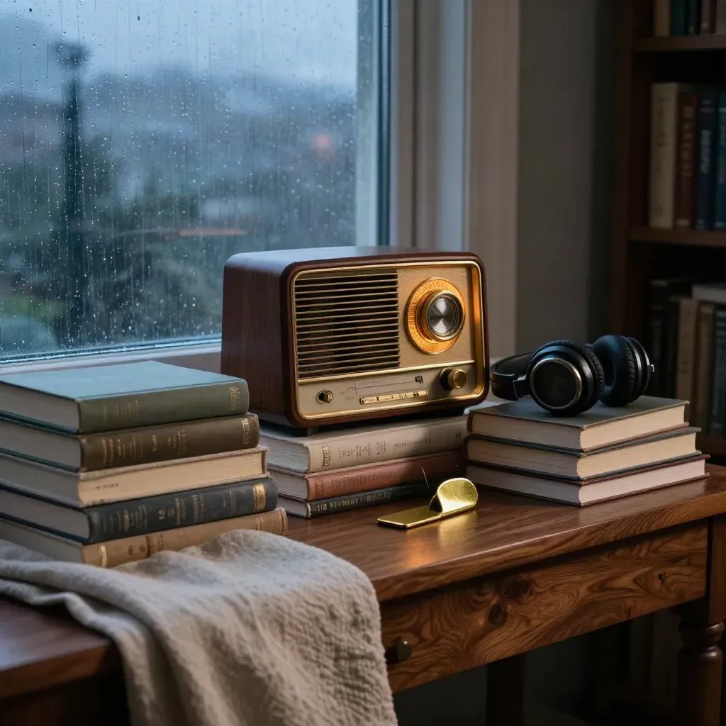 Rainy blue-hour still life of books, vintage radio, headphones, linen, and brass bookmark.