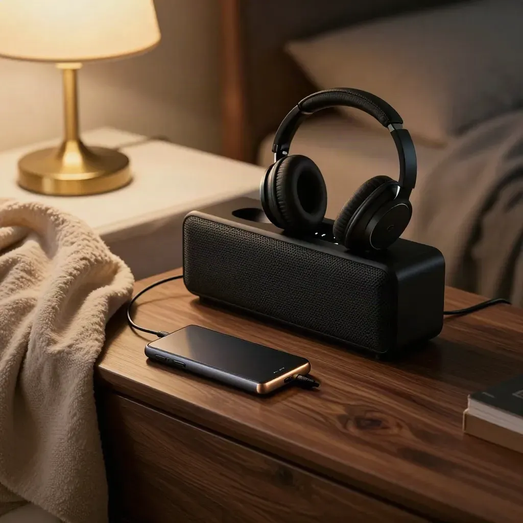 Headphones settle beside a portable speaker and closed audiobook player on a bedside chest by a glowing lamp.