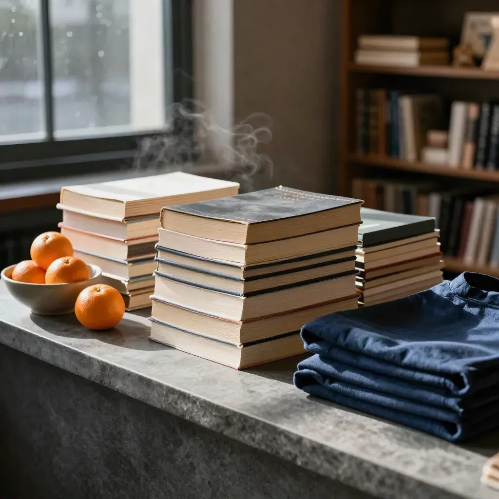 Paperback stacks, clementines, and a navy tote in soft morning light on a bookstore counter.