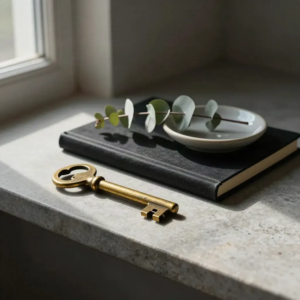 Brass key with notebook, eucalyptus, and ceramic dish on a stone shelf in soft light