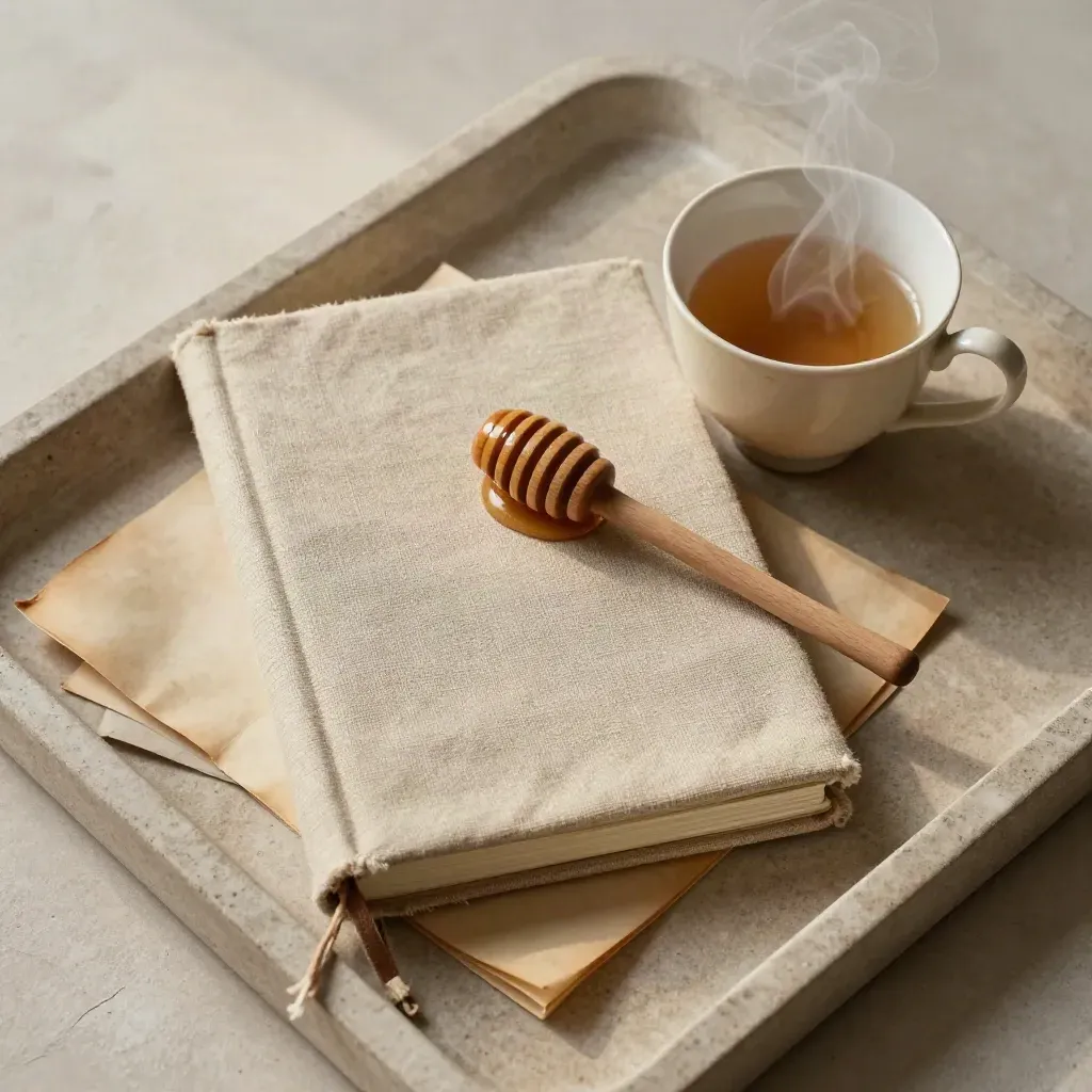 Linen notebook, teacup, bookmark and cloth on a stone tray with steam